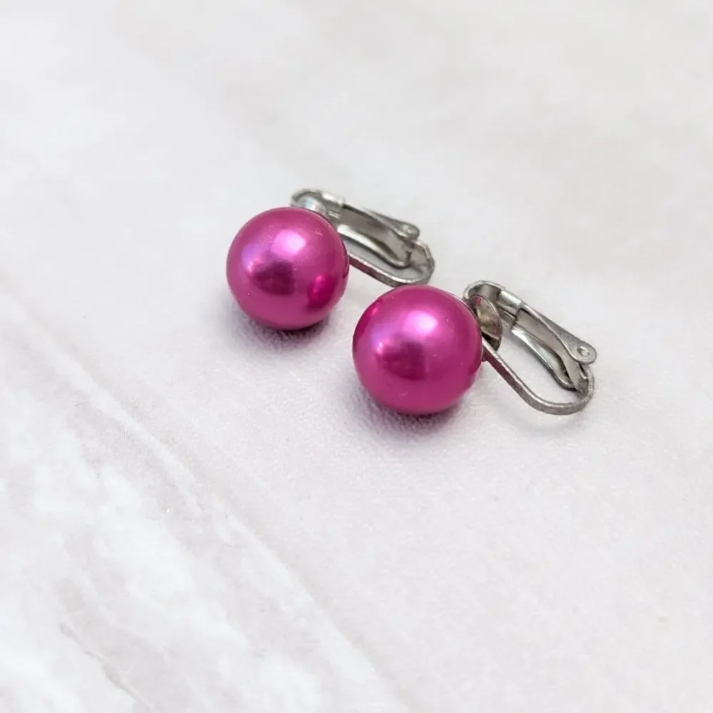 Vintage Clip On Earrings Bright Pink Ball / Faux Pearl Statement Retro Glam